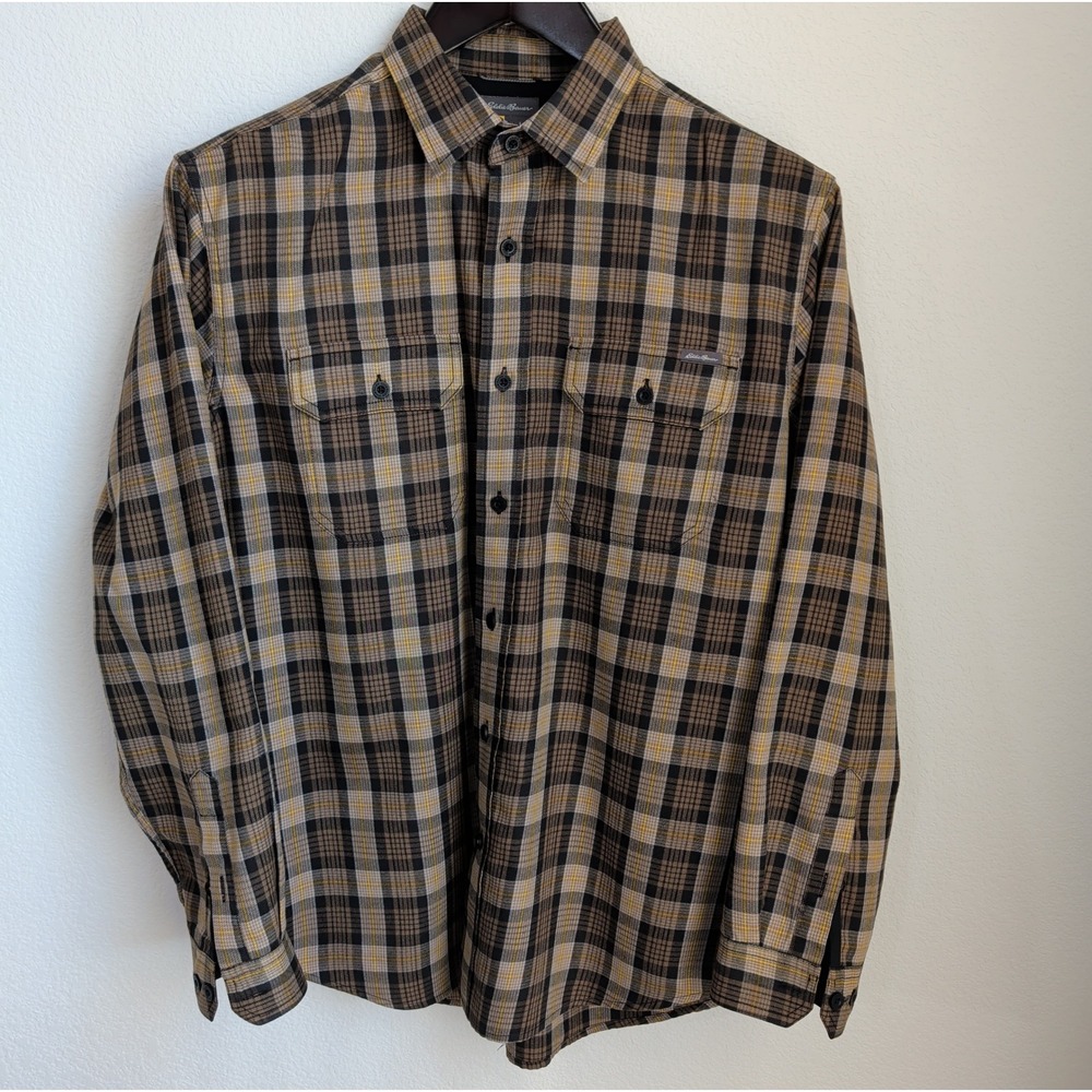 Eddie Bauer First Ascent Plaid Shirt Mens Large L Brown Tan Yellow Button Down - Picture 2 of 13